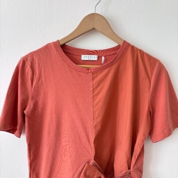 Sandro Paris Node Bow Detail Asymmetric Ruffled Hem T-Shirt in Terracotta Size S - Picture 4 of 9